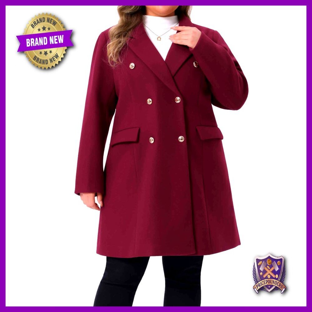 Plus Size Winter Pea Coat Double Breasted Notch Lapel Long Trench Elegant Chic